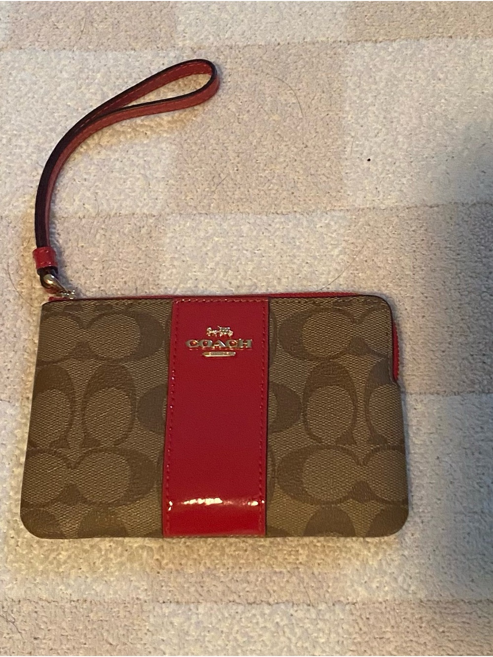 Coach Brown Signature Canvas Wristlet with Red Patent Center Stripe